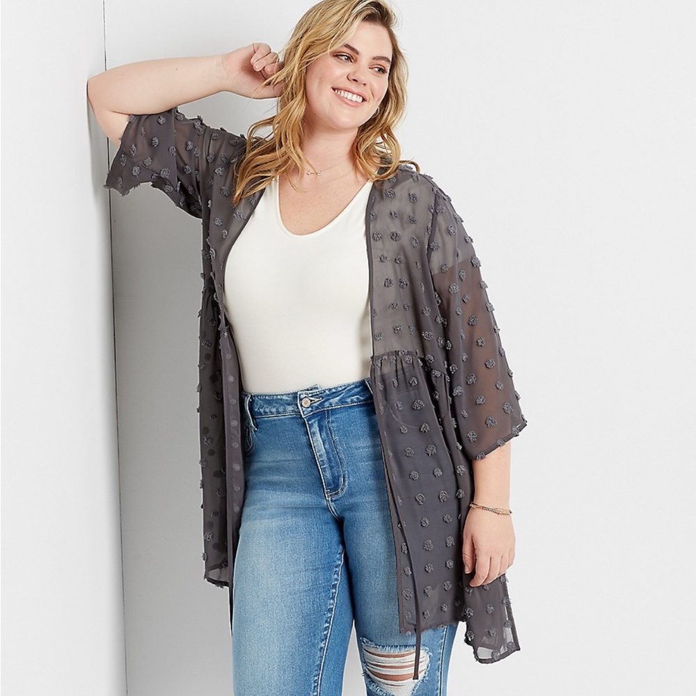 Maurices Sheer Tie Polka‎ Dot Texutured Kimono Cardigan Grey Plus Size 1X